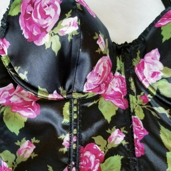 Pink Bustier Floral Corset Sheer Black Back Eye & Hook Top & Bottom Size 36B - Picture 6 of 6